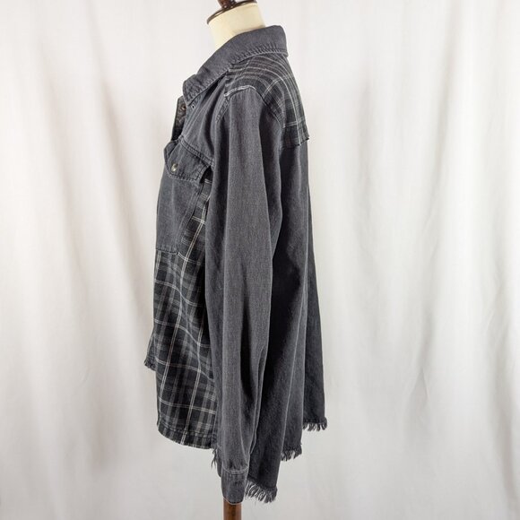 Ulla Popken Black Denim Flannel Snap Front Collared Shirt Raw Hem Plus Sz 16/18 - Picture 2 of 12